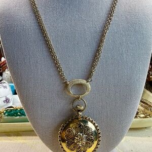 Vintage Gold-Tone Floral Drop Locket Pendant Necklace